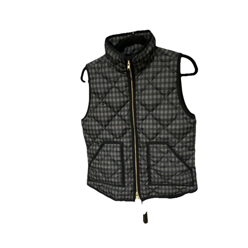 J.CREW Women's Sz Small Quilted Down Vest Black/gray Full Zip Plaid  Pattern
